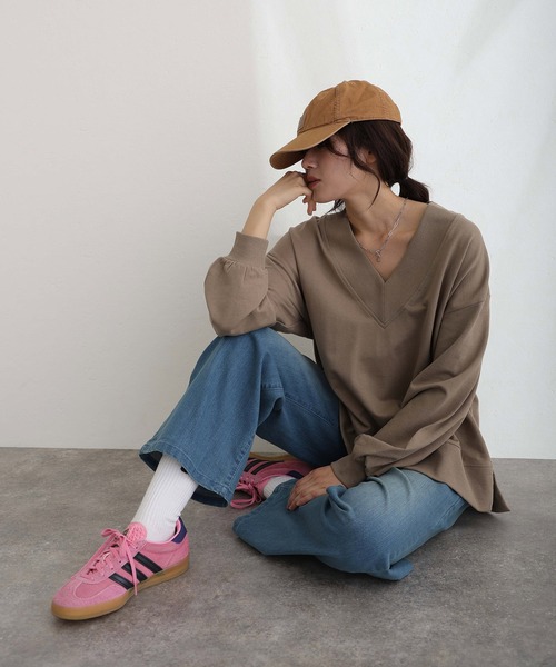 tシャツ ミニ裏毛VネックトップスロンT レディース