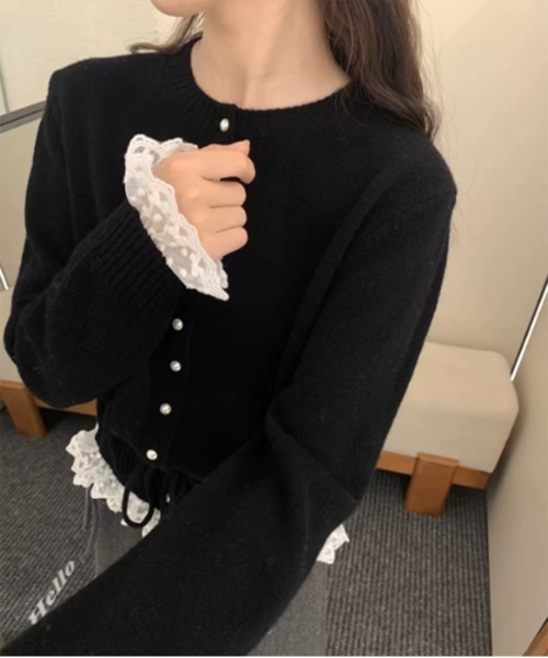 ニット セーター パールレースストリングニットカーディガン/2025 SS COLLECTION レディース by muni:r ニット セーター パールレースストリングニット