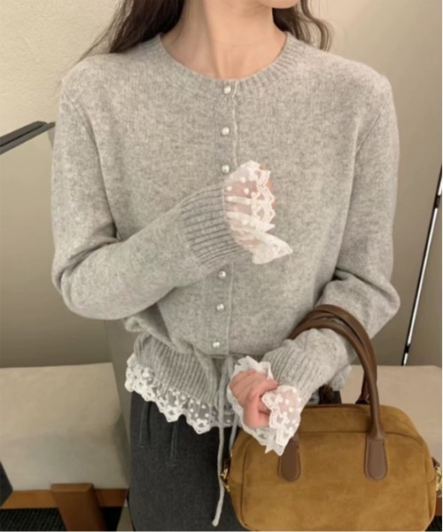 ニット セーター パールレースストリングニットカーディガン/2025 SS COLLECTION レディース by muni:r ニット セーター パールレースストリングニット
