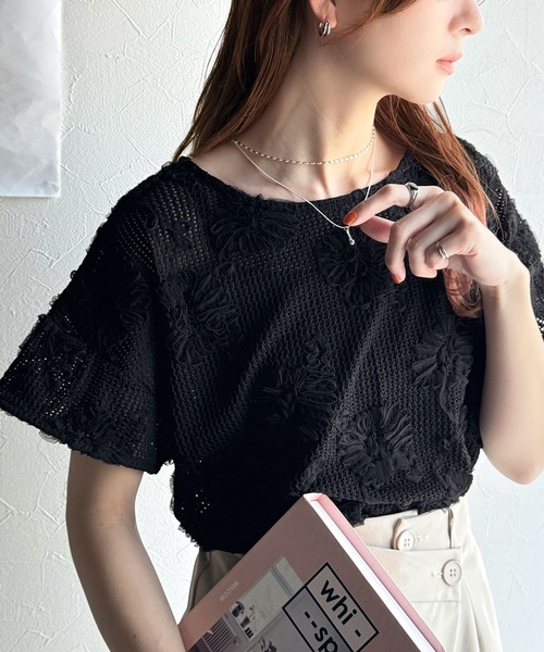 tシャツ HCAE　TULLE  Tシャツ レディース チュールレイヤードフォトTシャツ【洗濯機洗い可】（Tシャツ