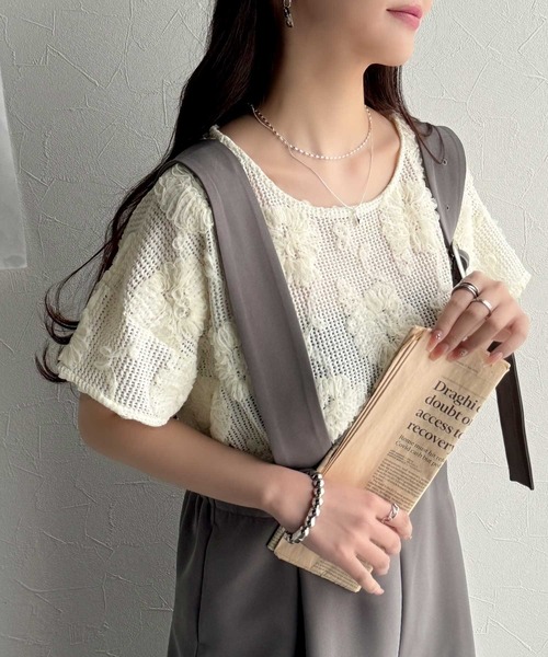 tシャツ HCAE　TULLE  Tシャツ レディース チュールレイヤードフォトTシャツ【洗濯機洗い可】（Tシャツ
