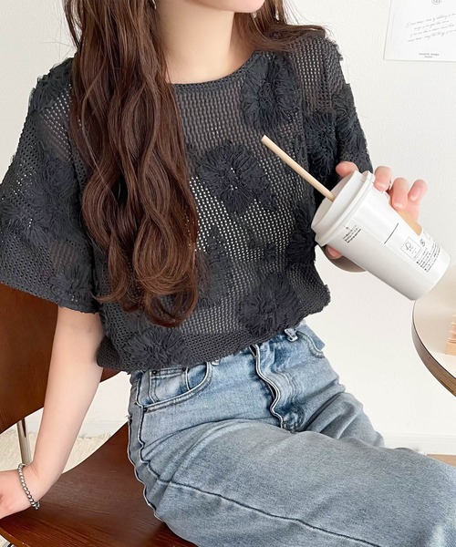 tシャツ 大人のおしゃれ度ワンランクアップ。チュールフラワーコード刺繍半袖Tシャツ レディース | classicalelf | 22
