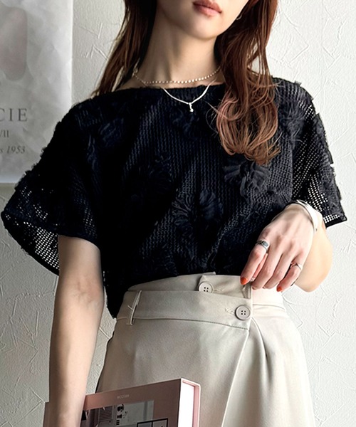 tシャツ 大人のおしゃれ度ワンランクアップ。チュールフラワーコード刺繍半袖Tシャツ レディース | classicalelf | 13