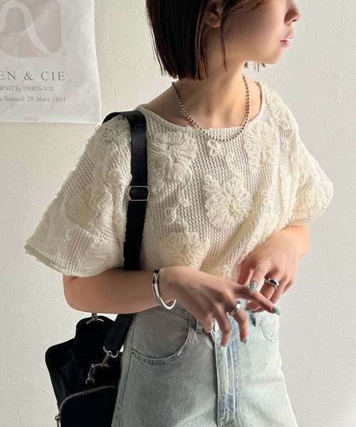 tシャツ 大人のおしゃれ度ワンランクアップ。チュールフラワーコード刺繍半袖Tシャツ レディース | classicalelf | 04