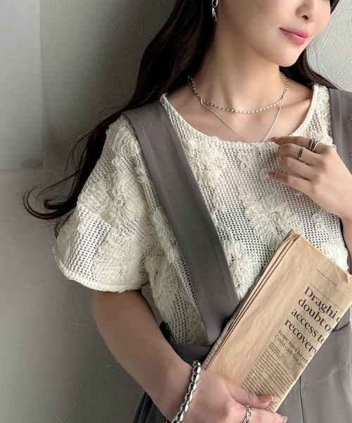 tシャツ 大人のおしゃれ度ワンランクアップ。チュールフラワーコード刺繍半袖Tシャツ レディース | classicalelf | 10
