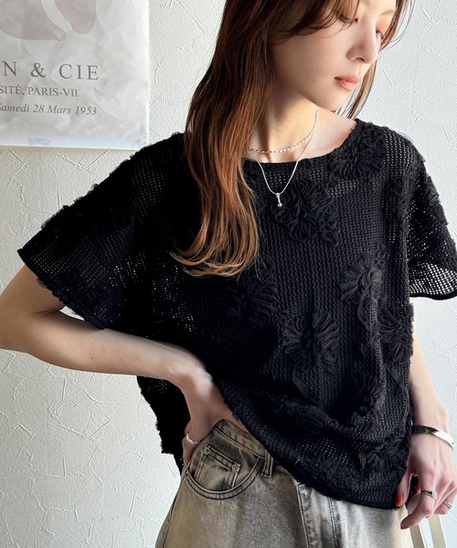 tシャツ 大人のおしゃれ度ワンランクアップ。チュールフラワーコード刺繍半袖Tシャツ レディース | classicalelf | 14