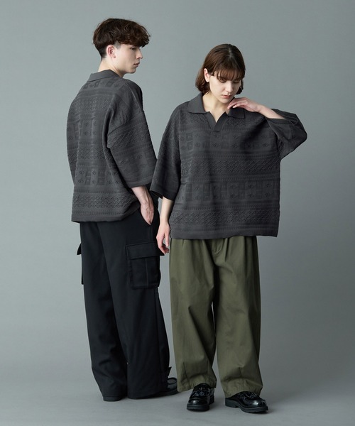 tシャツ Meshknit combi skipper polo レディース RUUBON ポロシャツ 「RUUBON」geo mesh skipper knit polo shirt