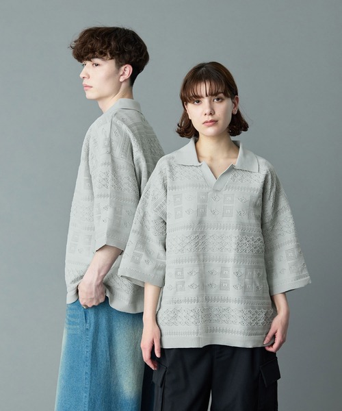 RUUBON ポロシャツ 「RUUBON」geo mesh skipper knit polo shirt