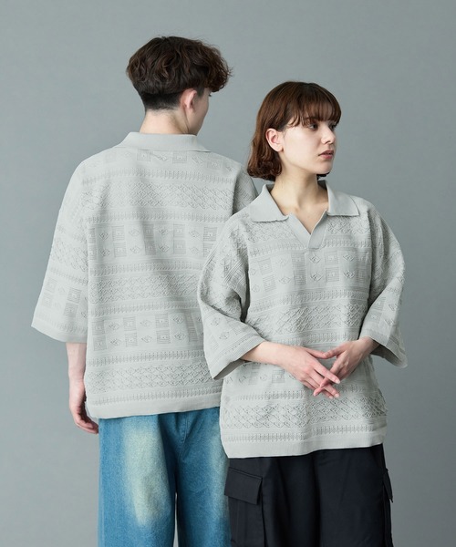 メッシュ編み ライトグリーン ポロシャツ M RUUBON ポロシャツ 「RUUBON」geo mesh skipper knit polo shirt