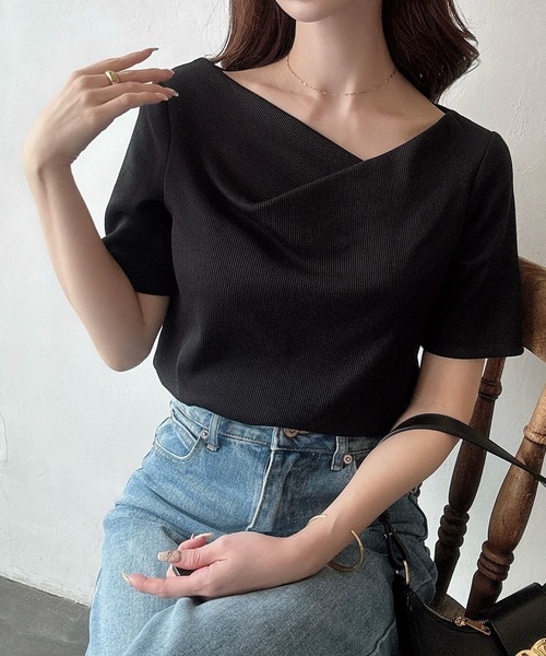 tシャツ アシメネックカットソー レディース Meiru tシャツ アシメネックリブカットソー レディース