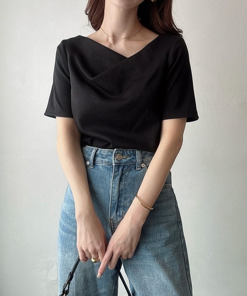 tシャツ アシメネックカットソー レディース Meiru tシャツ アシメネックリブカットソー レディース