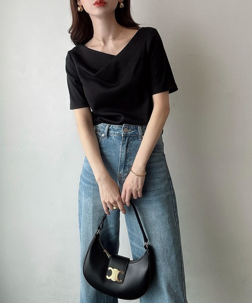 tシャツ アシメネックカットソー レディース Meiru tシャツ アシメネックリブカットソー レディース