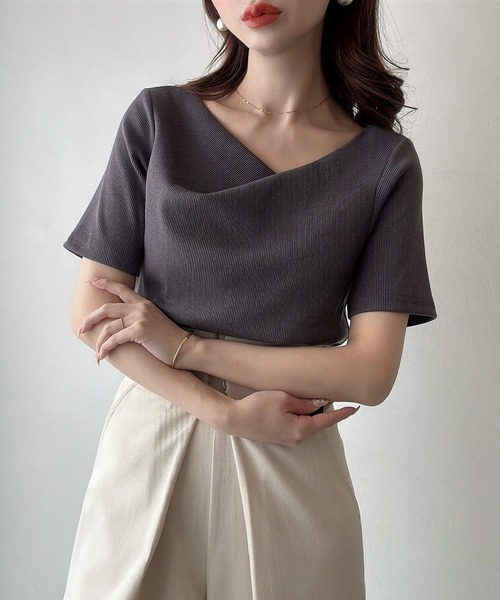 tシャツ アシメネックカットソー レディース Meiru tシャツ アシメネックリブカットソー レディース