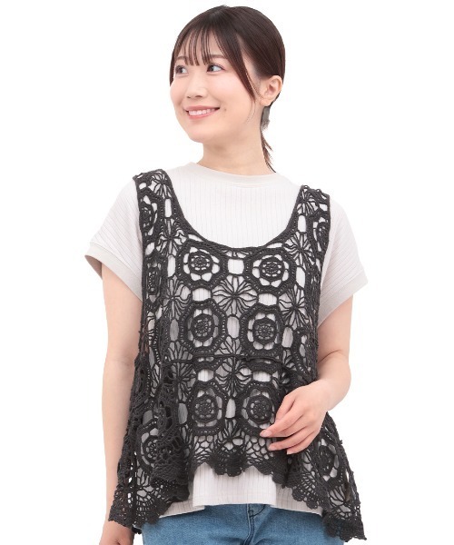 チチカカ ベスト ジレ かぎ編み風刺繍ベスト レディース