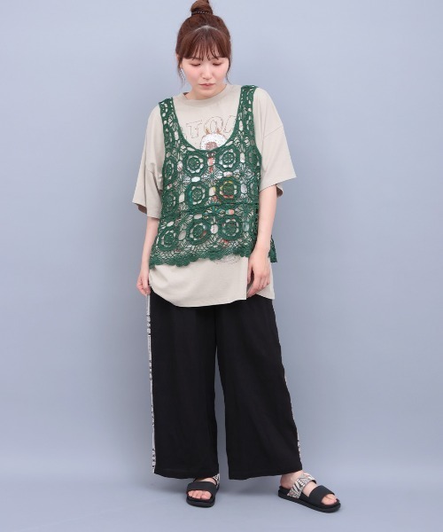 ベスト ジレ je crois soi 麻混　ロゴ刺繍　ロングベスト レディース ベスト ジレ 刺繍レースシアーベスト レディース : ZOZOTOWN