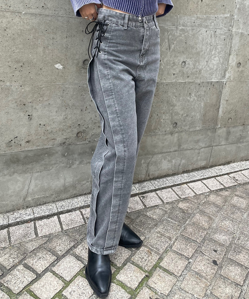 [ROGER AND RAW] обработка Denim брюки LARGE черный женский 