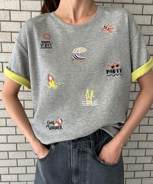 LOWO tシャツ 刺繍プリントバイカラーTシャツ カットソー レディース 