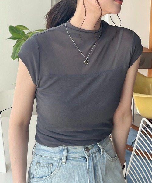 tシャツ ノースリーブ ハイネックシアートップス レディース