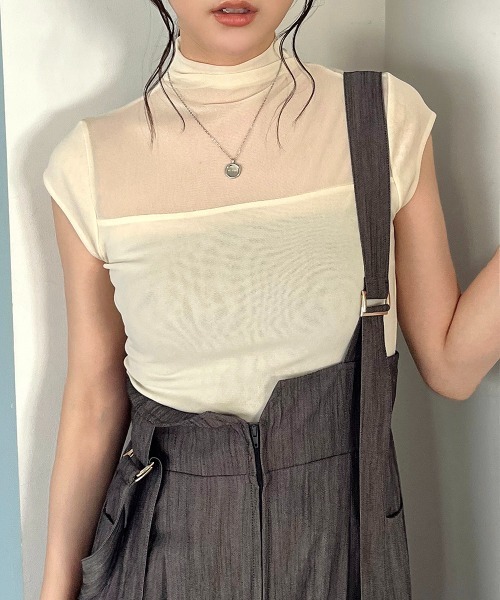 tシャツ ノースリーブ ハイネックシアートップス レディース