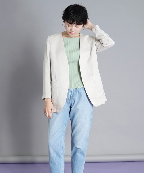 「B7」 ノーカラージャケット 38 ベージュ レディース_画像7