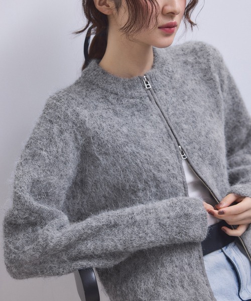 アニエスｘアダムエロペ　ジップアップ　カーディガン　グレー　裏起毛　ワンポイント アニエスxアダムエロペ ジップアップ カーディガン グレー 裏起毛