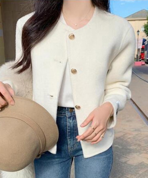 ホワイト ノーカラージャケット ゴールドボタン ジャケット ノーカラージャケット ゴールドボタン付きウール調