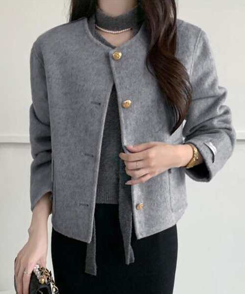ジャケット ノーカラージャケット ゴールドボタン付きウール調