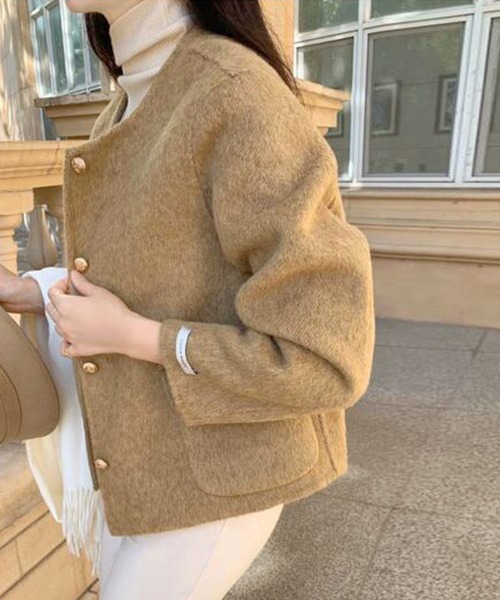 ジャケット ノーカラージャケット ゴールドボタン付きウール調