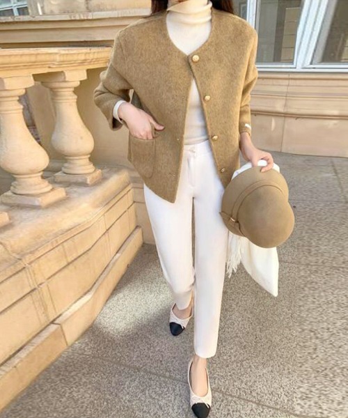 ジャケット ノーカラージャケット ゴールドボタン付きウール調