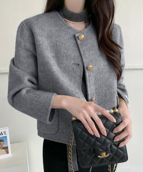 ジャケット ノーカラージャケット ゴールドボタン付きウール調