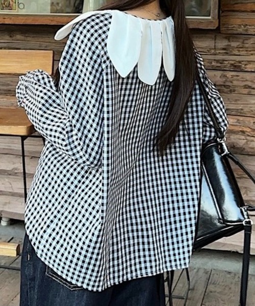 SHOUYO ブラウス シャツ ビッグカラー×ギンガムチェックブラウス