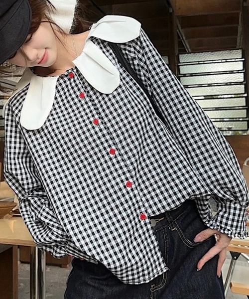【美品】ito fukuoka ギンガムチェック ビッグカラー 長袖 ブラウス 美品】ito fukuoka ギンガムチェック ビッグカラー 長袖 ブラウス 美品