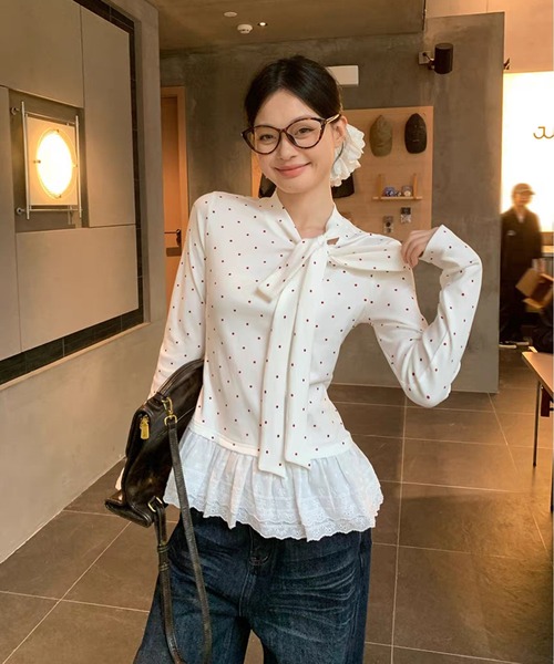 AsheKsha tシャツ ドット柄ストラップ付きオフショルダー長袖Tシャツ