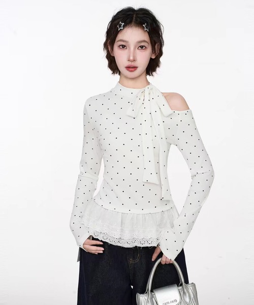 AsheKsha tシャツ ドット柄ストラップ付きオフショルダー長袖Tシャツ