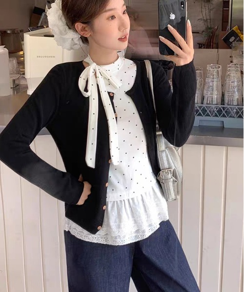 AsheKsha tシャツ ドット柄ストラップ付きオフショルダー長袖Tシャツ