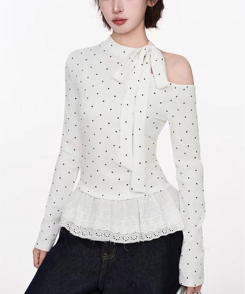 AsheKsha tシャツ ドット柄ストラップ付きオフショルダー長袖Tシャツ