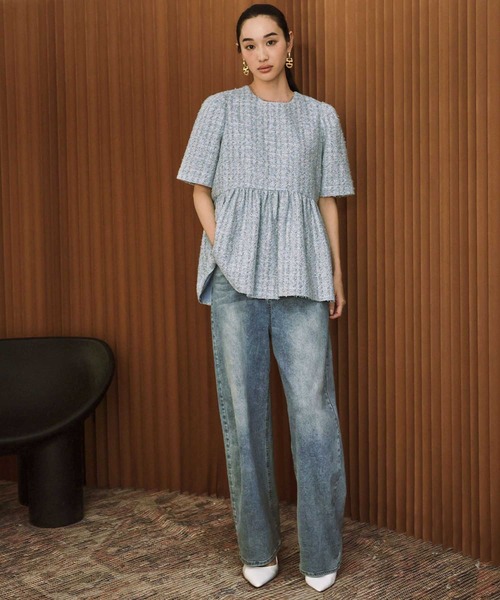 Rene2024♡新品未使用品♡希少ツイードプリントブラウス36 ELFRANK ブラウス シャツ 「2026SS」ツイード ペプラム チュニック