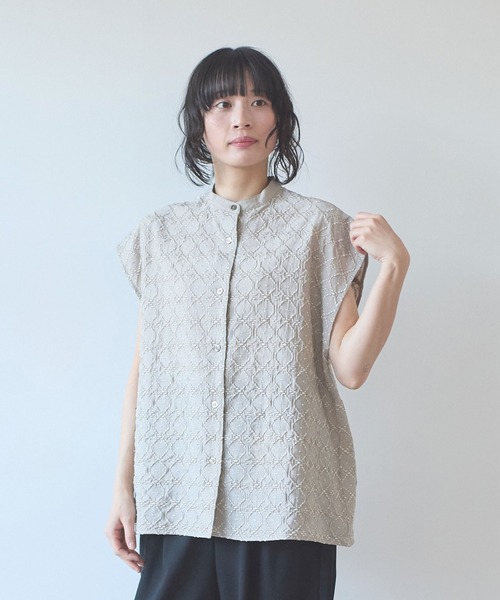 yuni ブラウス シャツ 半袖 単色刺繍 french sleevesブラウス