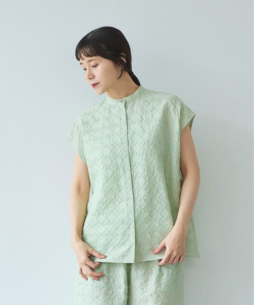 yuni ブラウス シャツ 半袖 単色刺繍 french sleevesブラウス