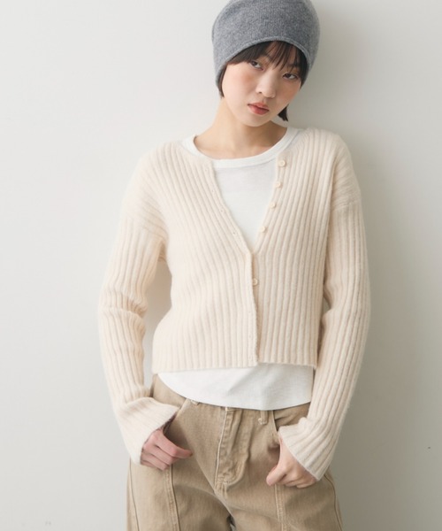 アイボリーリブ編みカーディガン XS full/fill. カーディガン rib short knit cardigan / リブショート