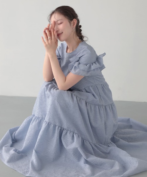 Fitmore ジャガード袖フリルティアードワンピース　ブルー　ショート Fit more（フィットモア） パーティードレス ワンピース 夏 ジャガード