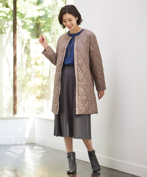 ノーカラーコート コート 「洗える」高密度タフタ キルティング ロング