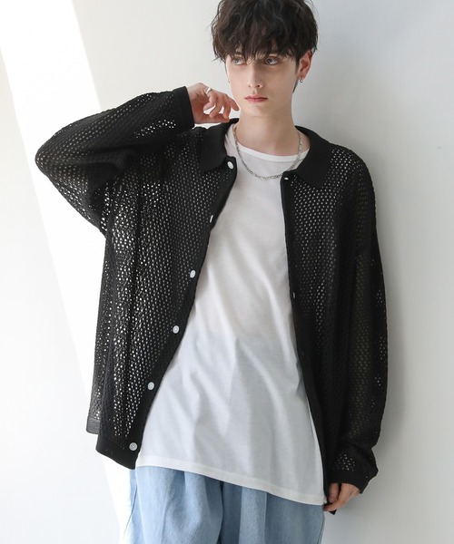 ASTRONOMY シャツ クロシェメッシュ編みシアー長袖ニットシャツ メンズ