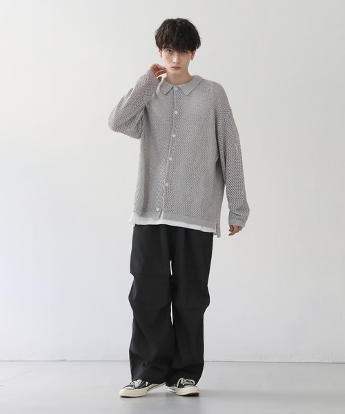 ASTRONOMY シャツ クロシェメッシュ編みシアー長袖ニットシャツ メンズ