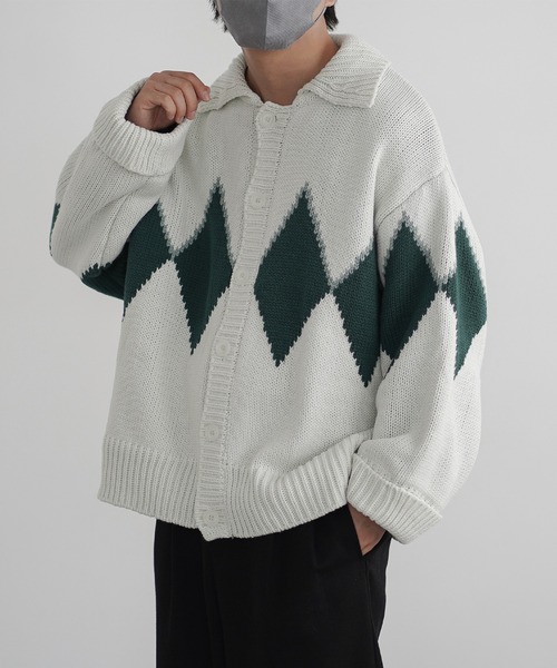 molk カーディガン 「molk」アーガイル袖ロールアップカウチンニット