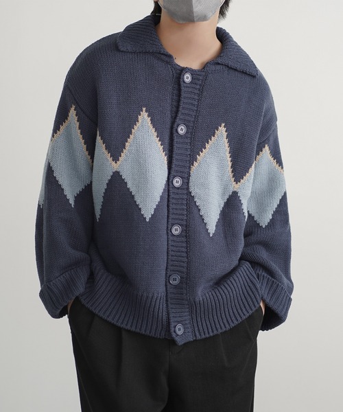 molk カーディガン 「molk」アーガイル袖ロールアップカウチンニット