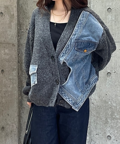 Roger&Raw カーディガン デニム切替ニットカーディガン