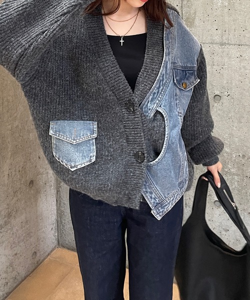 デニムとニット切り替えカーディガン Roger&Raw カーディガン デニム切替ニットカーディガン