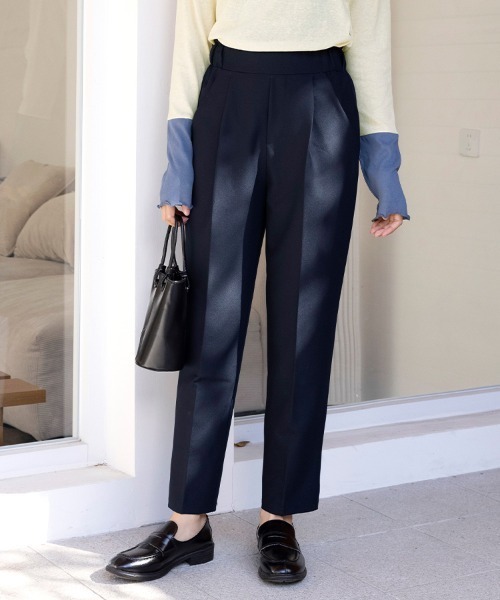 美品！薄地さらっと素材 濃紺 レディース テーパードパンツ スラックス 古着 ストレッチパンツ レディース イージーパンツ スラックス