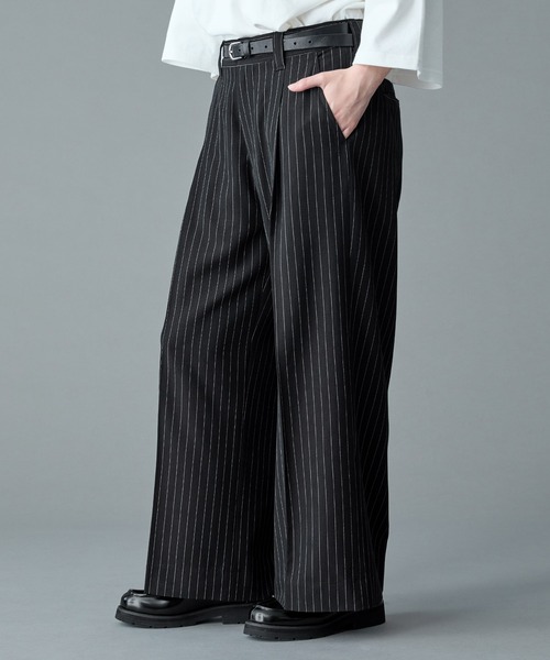 stripe design wool wide slacks ワイドスラックス ANCELLM - STRIPE WOOL WIDE SLACKS | BLACK | スラックス